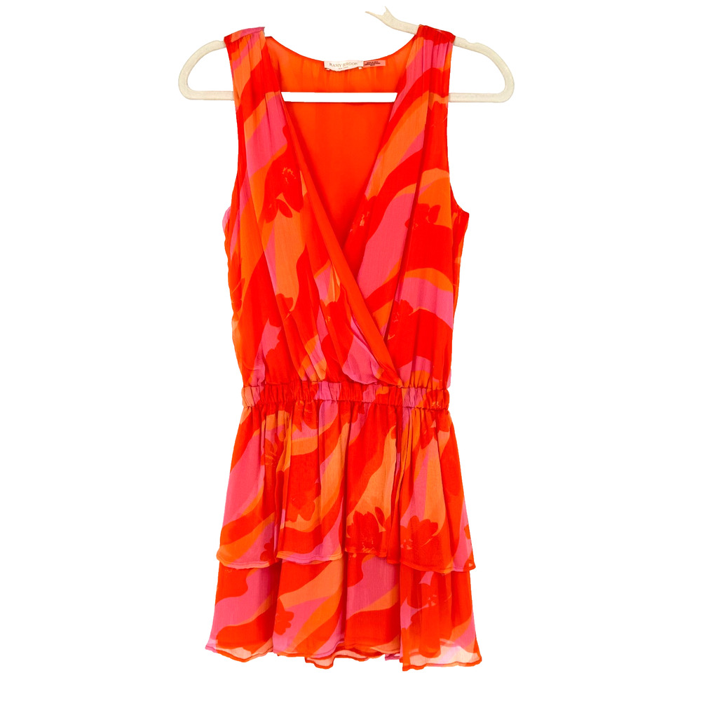 Ramy Brook Baldwin Mini Dress XS Orange Pink Floral‎ Ruffle Wrap Resort - Picture 4 of 13